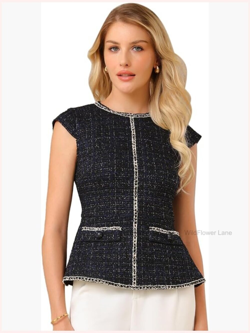Elegant Tweed Peplum Blouse - Cap Sleeve Office Top